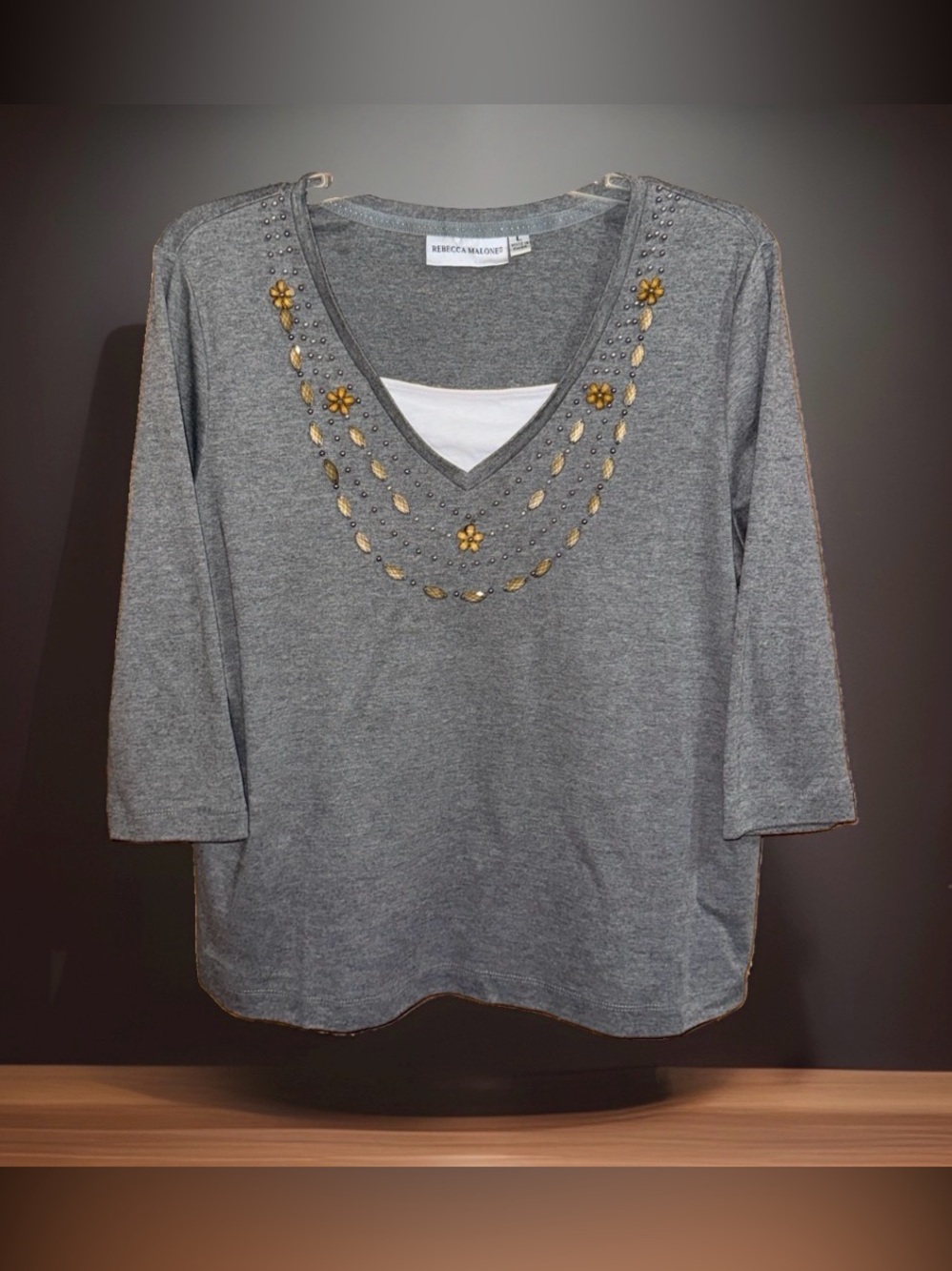 Rebecca Malone Gray V-Neck Knit Top with Gold-Tone Embellishments-L-GC